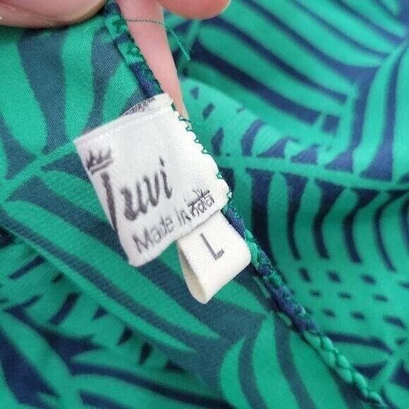 Juvi Green & Navy Palm Print Sleeveless Draped Open Front Swim Coverup Large - Picture 5 of 5